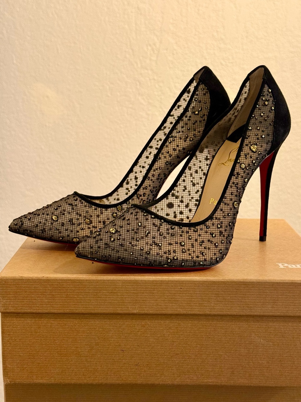 Christian Louboutin Follies Strass Black Mesh Crystal-Embellished Pumps